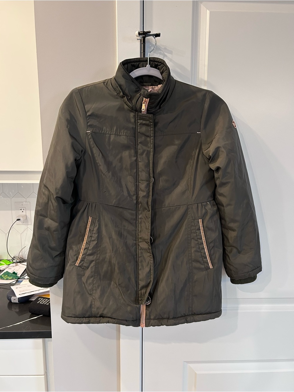 Michael Kors Girls Olive Green Winter Coat Gold Zip Snap Jacket Designer Kids